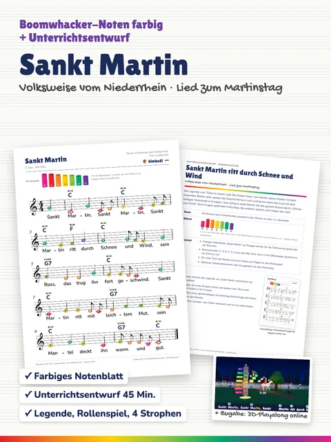 Deckblatt „Sankt Martin ritt durch Schnee und Wind“ von Robert Koegler: farbiges Boomwhacker-Notenblatt, Unterrichtsentwurf und ein Bild aus dem 3D-Playalong.