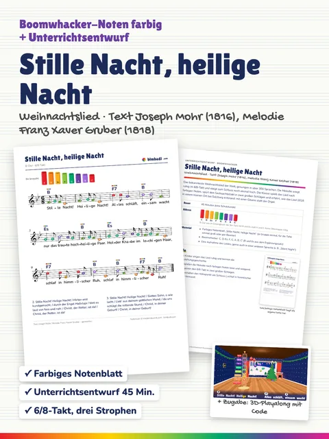Deckblatt „Stille Nacht, heilige Nacht“ von Robert Koegler: farbiges Boomwhacker-Notenblatt, Unterrichtsentwurf und ein Bild aus dem 3D-Playalong.