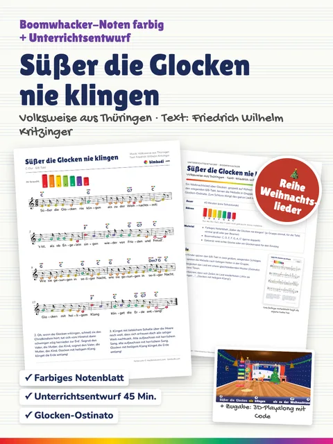 Deckblatt „Süßer die Glocken nie klingen“ von Robert Koegler: farbiges Boomwhacker-Notenblatt, Unterrichtsentwurf und ein Bild aus dem 3D-Playalong.
