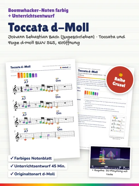 Deckblatt „Toccata d-Moll“ von Robert Koegler: farbiges Boomwhacker-Notenblatt, Unterrichtsentwurf und ein Bild aus dem 3D-Playalong.