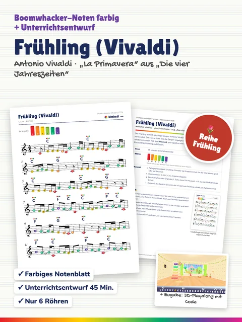Deckblatt „Frühling“ von Robert Koegler: farbiges Boomwhacker-Notenblatt, Unterrichtsentwurf und ein Bild aus dem 3D-Playalong.