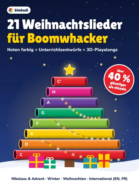 Deckblatt „21 Weihnachtslieder für Boomwhacker“ von Robert Koegler: ein Tannenbaum aus acht farbigen Boomwhacker-Röhren von C bis C′ mit Stern, Lichterkette und Geschenken, dazu das Etikett „über 40 % günstiger als einzeln“.