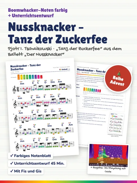 Deckblatt „Nussknacker – Tanz der Zuckerfee“ von Robert Koegler: farbiges Boomwhacker-Notenblatt, Unterrichtsentwurf und ein Bild aus dem 3D-Playalong.