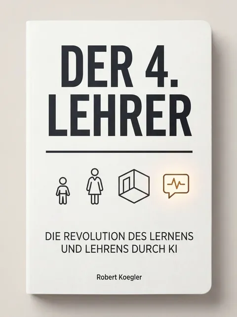 Buchcover „Der 4. Lehrer. Die Revolution des Lernens und Lehrens durch KI“ von Robert Koegler: schwarze Schrift auf Weiß, darunter vier Symbole für Kind, Erwachsenen, Raum und eine Sprechblase als KI.