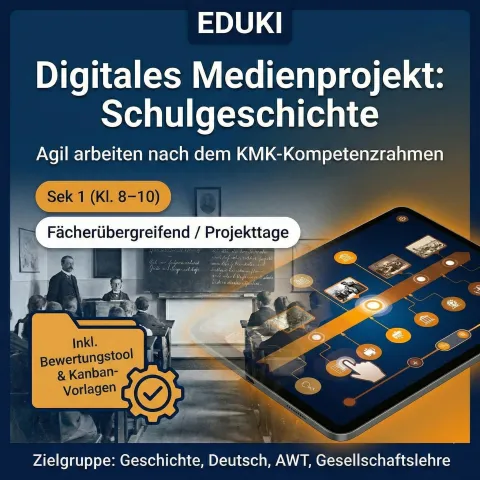 Cover des eduki-Materials „Digitales Medienprojekt: Schulgeschichte – agil arbeiten nach dem KMK-Kompetenzrahmen“, Sek I, Klasse 8 bis 10, fächerübergreifend, inklusive Bewertungstool und Kanban-Vorlagen.