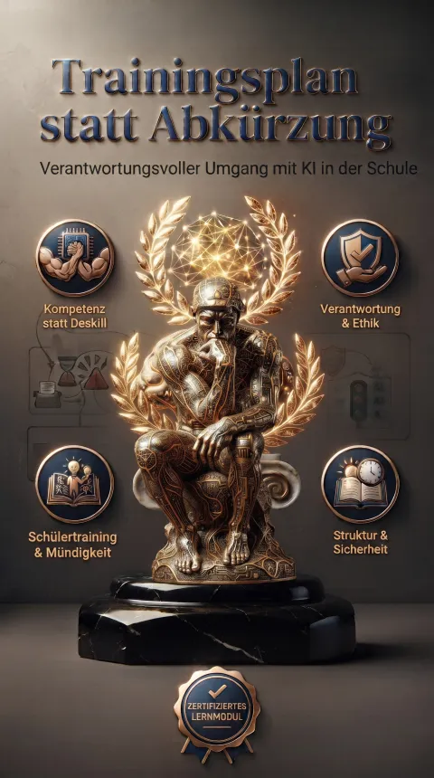 Titelbild des Unterrichtspakets „Trainingsplan statt Abkürzung – Verantwortungsvoller Umgang mit KI in der Schule“: eine Denker-Statue mit vier Themen: Kompetenz statt Deskill, Verantwortung und Ethik, Schülertraining und Mündigkeit, Struktur und Sicherheit.