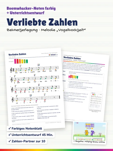 Deckblatt „Verliebte Zahlen“ von Robert Koegler: farbiges Boomwhacker-Notenblatt zur Melodie der Vogelhochzeit und Unterrichtsentwurf als Karten.