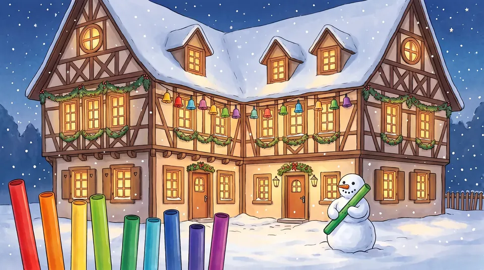Gezeichnetes Fachwerkhaus im Schnee mit vielen erleuchteten Fenstern, bunten Glocken und Tannengirlanden; vorn stehen farbige Boomwhacker-Röhren und ein Schneemann, der eine grüne Röhre hält.