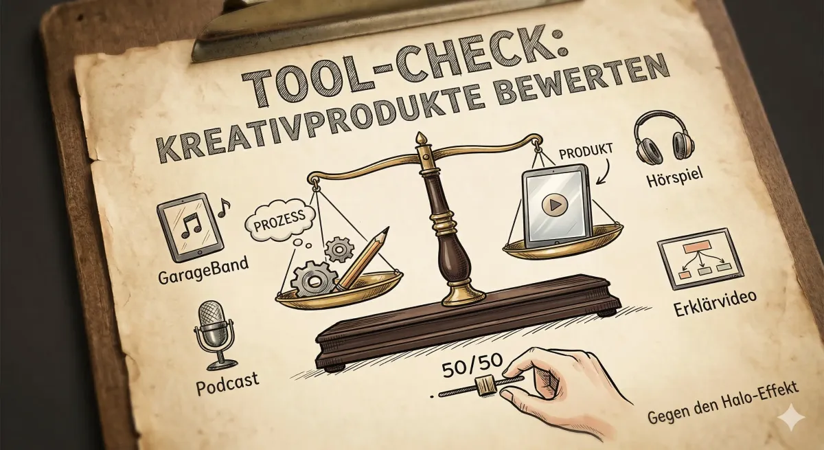Skizze: eine Waage wiegt Prozess gegen Produkt, rundherum GarageBand, Podcast, Hörspiel und Erklärvideo