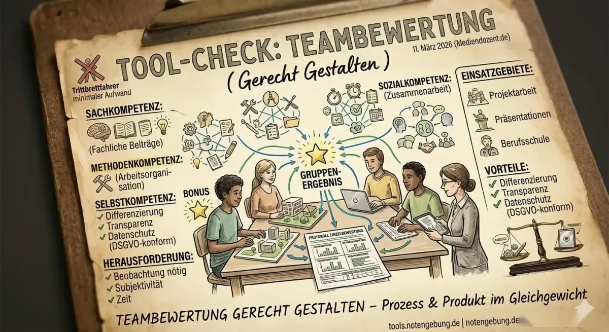 Skizze zur Teambewertung: Schüler arbeiten am Tisch, darum die vier Kompetenzbereiche