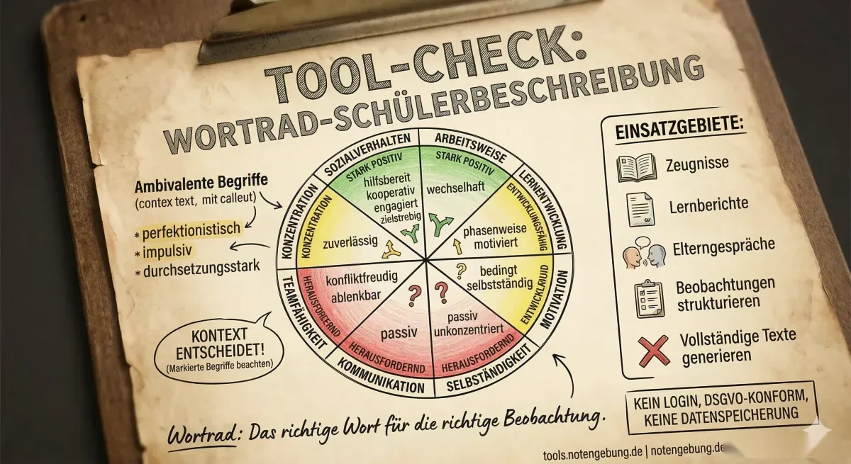 Skizze zum Wortrad: ein farbiges Rad mit Begriffen für Schülerbeschreibungen